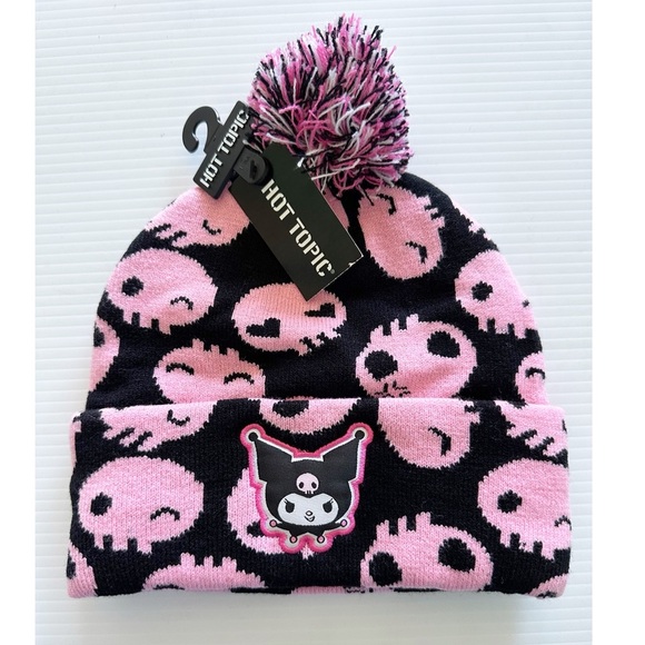 Kuromi Knit Beanie Pom Pom Pink Black Cuff Patch Skulls Warm Winter Hat - Picture 1 of 3